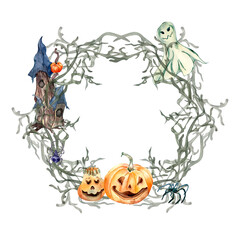 Wreath of bare branch watercolor illustration isolated on white.