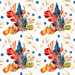 Colorful Halloween seamless pattern of cute house watercolor isolated on white.