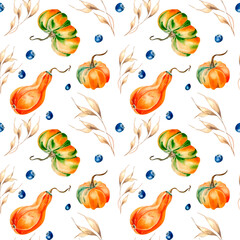 Pumpkins, spikelet, blueberry watercolor seamless pattern on white.