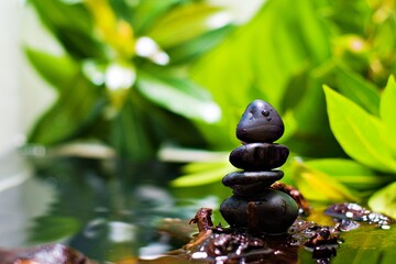 Zen stones on floating logs in water green leaf background nature spa concept