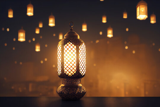 3d illustration of Arabic lantern with burning candle glowing at night Muslim holy month Ramadan