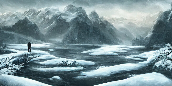 lake in winter, snow, mountains fantasy arrtwork