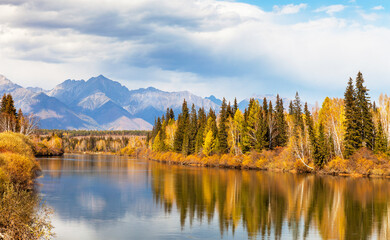 Autumn in highlands. View from bank of calm river to yellowed forest and mountain range in distance on cloudy September day. Baikal region, Buryatia, Eastern Sayan mountains, Irkut river, Tunka valley