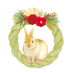 ウサギと椿のしめ縄リースの正月飾り