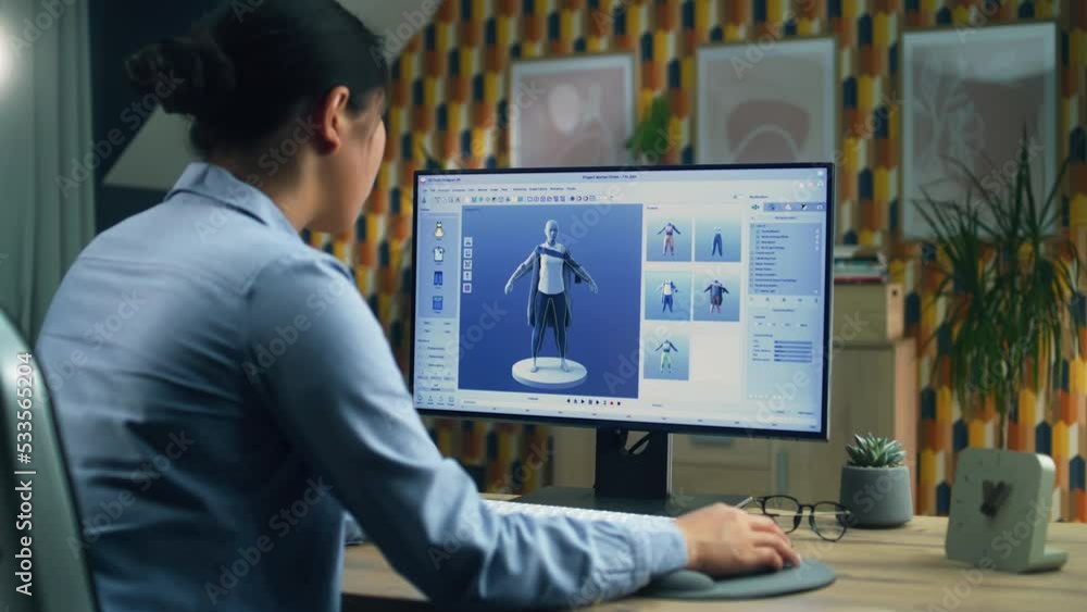 Poster female 3d designer having remote work on 3d modeling and creating 3d visualization of clothes using 