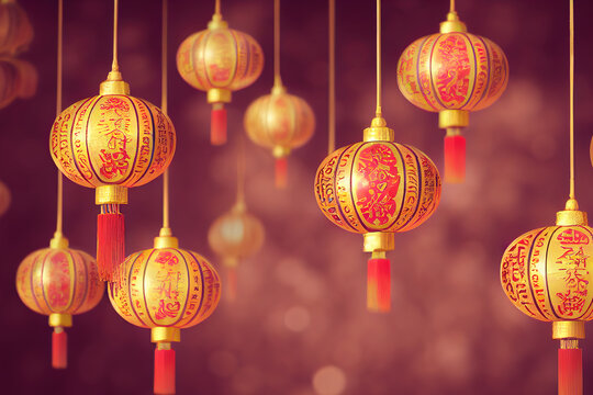 3d illustration of Chinese new year lanterns in china firecracker night