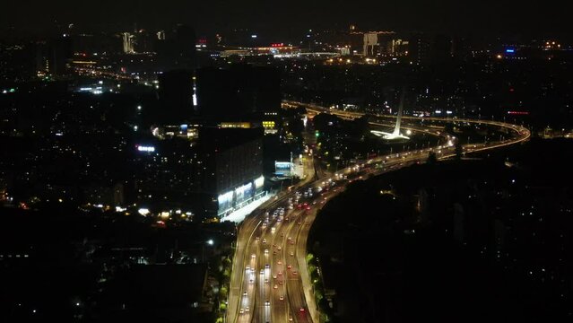 Aerial view of traffic at night