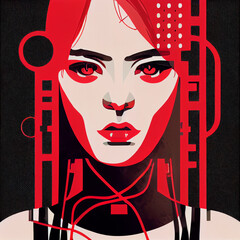 Cyberpunk woman warrior black and red ink illustration. Cyborg female.
