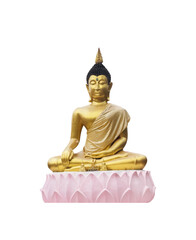 Old gold sitting Buddha image statue on pink lotus stucco in thai temple isolated on white background , clipping path