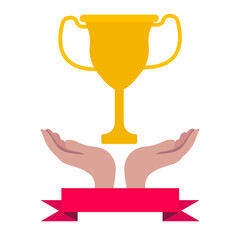 hand holding champion cup, victory logo concept