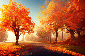Naklejka na ściany i meble autumn trees background, concept art, digital illustration