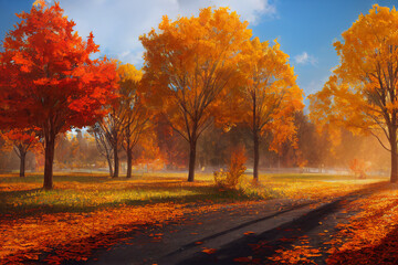 Naklejka na ściany i meble autumn trees background, concept art, digital illustration, Generative AI