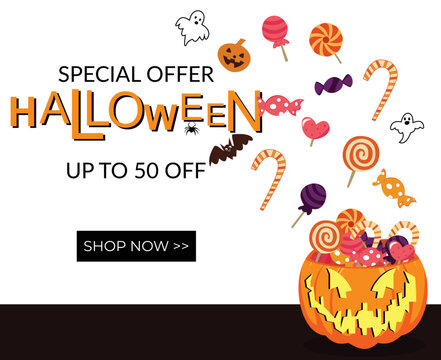 halloween special offer promotion banner with image pumpkin filled candy