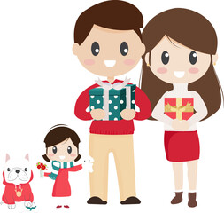 happy family with pet french bulldog on snowy Christmas boxing day