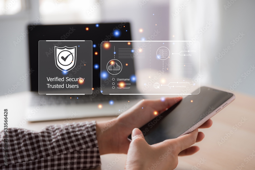 Leinwandbilder female hand using smartphone scan fingerprint for a highly secure login access, virtual login screen