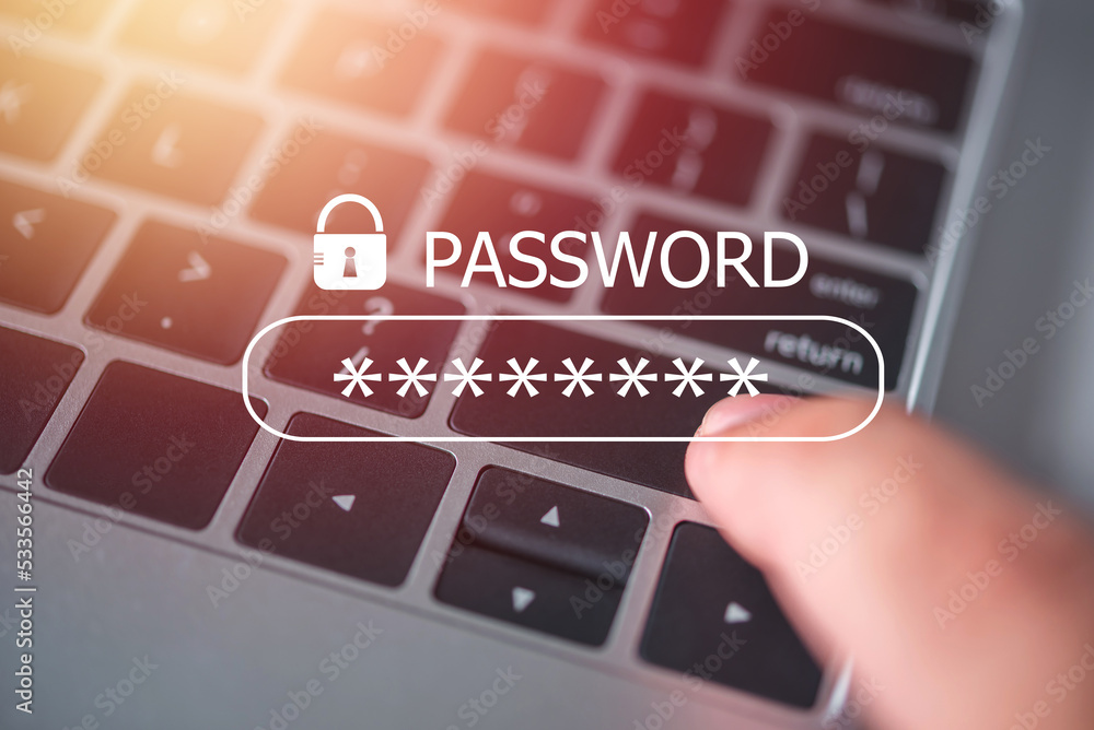 Poster passsword input in box on screen, finger on key data security advanced protection technology