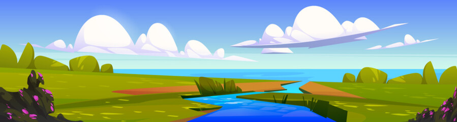 Summer landscape with river flowing into sea. Nature panorama with water stream, ocean coast, green grass, bushes with flowers and clouds in sky, vector cartoon illustration