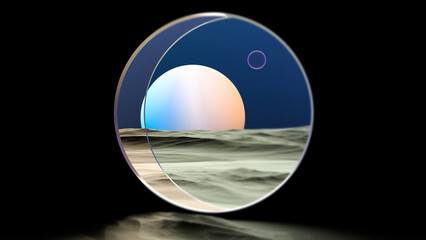 View of the surface of the planet in space and other planets on the horizon through the porthole glass ajar door. 3D render.