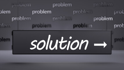 Word solution on a pointer with an arrow on the background of problems.Problem and solution concept. 3D render.