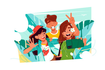 Friends taking selfie on smartphone, capture happy moment