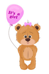 Bear. It's a girl. Teddy bear with pink balloon for babyshower.
