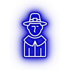 Neon dark blue pilgrim icon, glowing blue pilgrim with transparent background