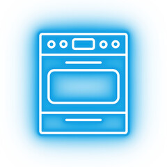 Neon blue oven icon, glowing blue oven with transparent background