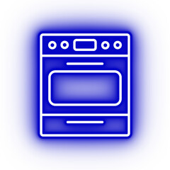 Obraz premium Neon dark blue oven icon, glowing blue oven with transparent background