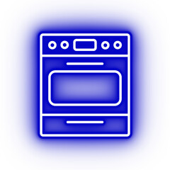 Neon dark blue oven icon, glowing blue oven with transparent background