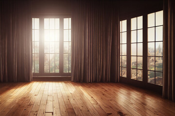 3d illustration of empty room and wood laminate floor with sun light from window