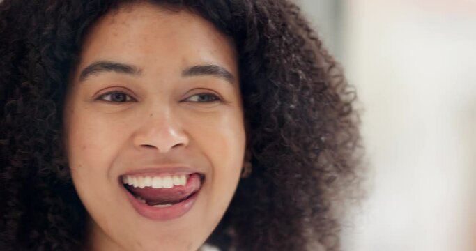 Black woman, teeth and mirror in bathroom for healthy mouth, in house or apartment. Curly hair girl, happy and smile on face, for dental care, beauty and wellness of gums in morning while home