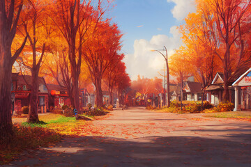 Fototapeta premium autumn trees on a suburban street background, concept art. digital illustration, Generative AI