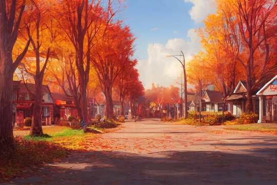 autumn trees on a suburban street background, concept art. digital illustration, Generative AI