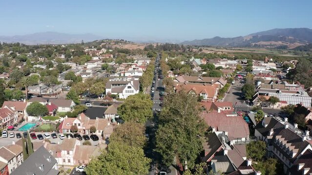 Aerial shot flying over the main street of the charming Danish town of Solvang, California. 4K