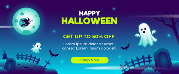 Happy Halloween Sale Web Banner Blue Gradient