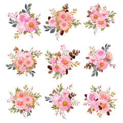 Set of Pink Watercolor Floral Bouquet