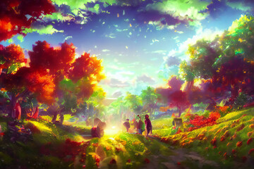 Naklejka na ściany i meble people walking together along a path in a peaceful autumn nature scenery