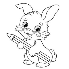 Coloring Page Outline Of cartoon cute bunny or rabbit with a pencil. Animals. Coloring Book for kids.