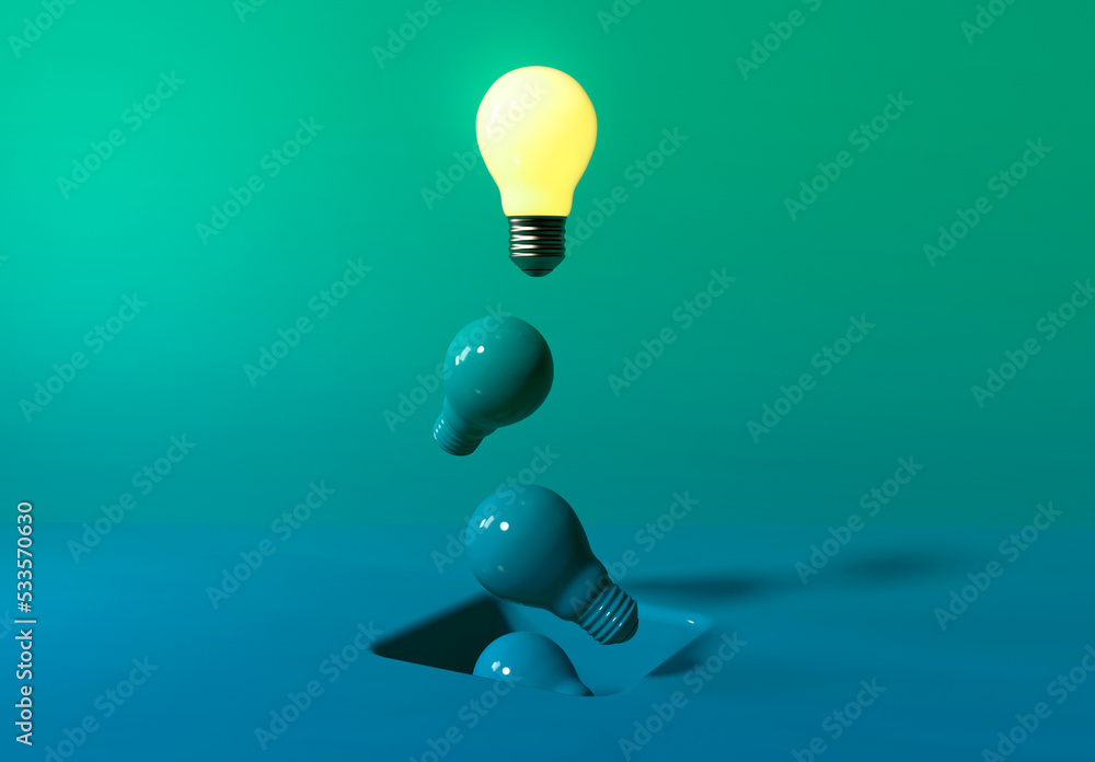 Poster one out unique idea light bulb with a hole on the floor - 3d render