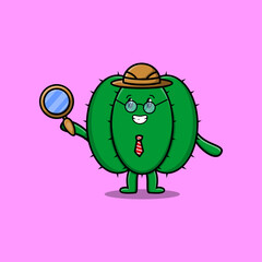 Cute cartoon character Cactus detective is searching with magnifying glass   