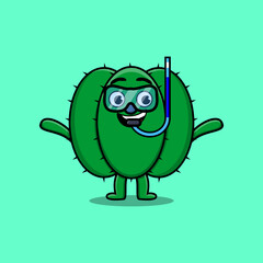 Cute cartoon Cactus diver with swimming glass in flat modern style design