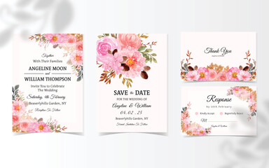 Set of Rustic Pink Watercolor Floral Wedding Invitation