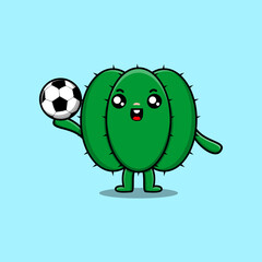 Cute cartoon cactus character playing football in flat cartoon style illustration