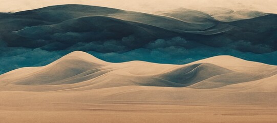 Endless desolate desert dunes, far horizon with spectacular clouds. Waves of surreal sand fabric folds landscape. Minimalist lost and overwhelming lonely feeling - moody subdued blue color tones.