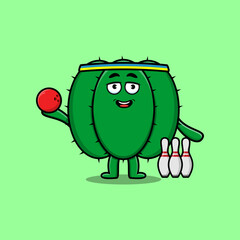 Cute cartoon cactus character playing bowling in flat modern style design illustration