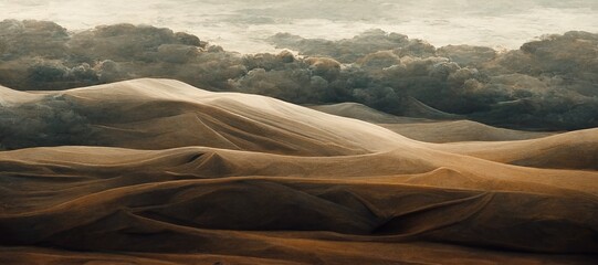 Endless desolate desert dunes, far horizon with spectacular clouds. Waves of surreal sand fabric folds landscape. Minimalist lost and overwhelming lonely feeling - moody subdued brown color tones. - obrazy, fototapety, plakaty