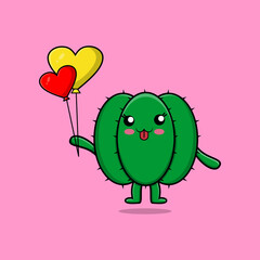 Cute cartoon cactus floating with love balloon cartoon vector illustration 