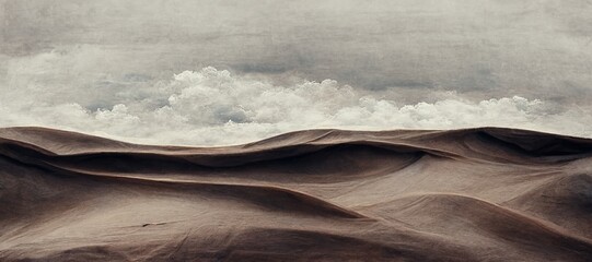 Endless desolate desert dunes, far horizon with spectacular clouds. Waves of surreal sand fabric folds landscape. Minimalist lost and overwhelming lonely feeling - moody subdued brown color tones.