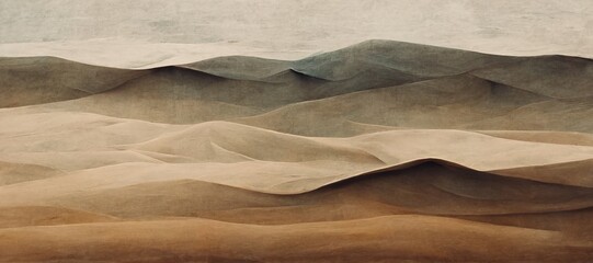Endless desolate desert dunes, far horizon with spectacular clouds. Waves of surreal sand fabric folds landscape. Minimalist lost and overwhelming lonely feeling - moody subdued brown color tones. - obrazy, fototapety, plakaty