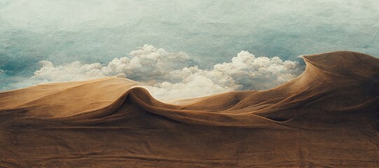 Fototapeta na wymiar Endless desolate desert dunes, far horizon with spectacular clouds. Waves of surreal sand fabric folds landscape. Minimalist lost and overwhelming lonely feeling - moody subdued brown color tones.